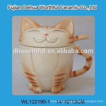 Cat design ceramic cup with lid & spoon